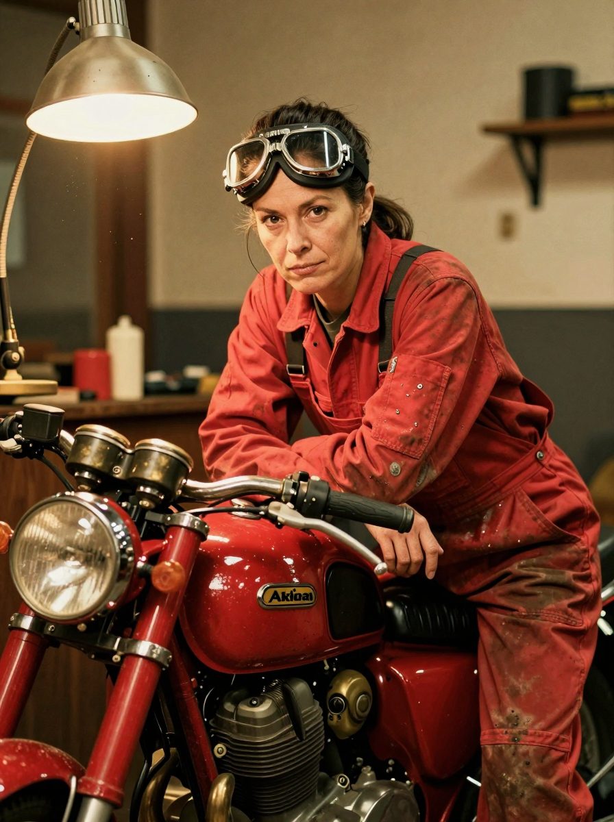 Rosa Ferreira, pemilik bengkel perempuan paruh baya dengan rambut diikat dan kacamata di dahi, overall merah berlumur oli, bersandar di motor klasik merah di bawah lampu tungsten.