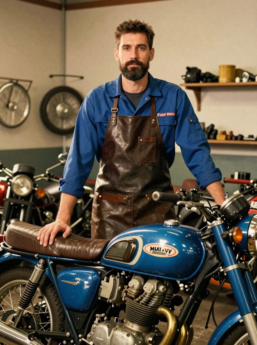 Arne Lindholm, pemilik bengkel laki-laki jangkung berjanggut rapi, kemeja kerja biru dan celemek kulit, berdiri di samping motor klasik biru yang mengilap.